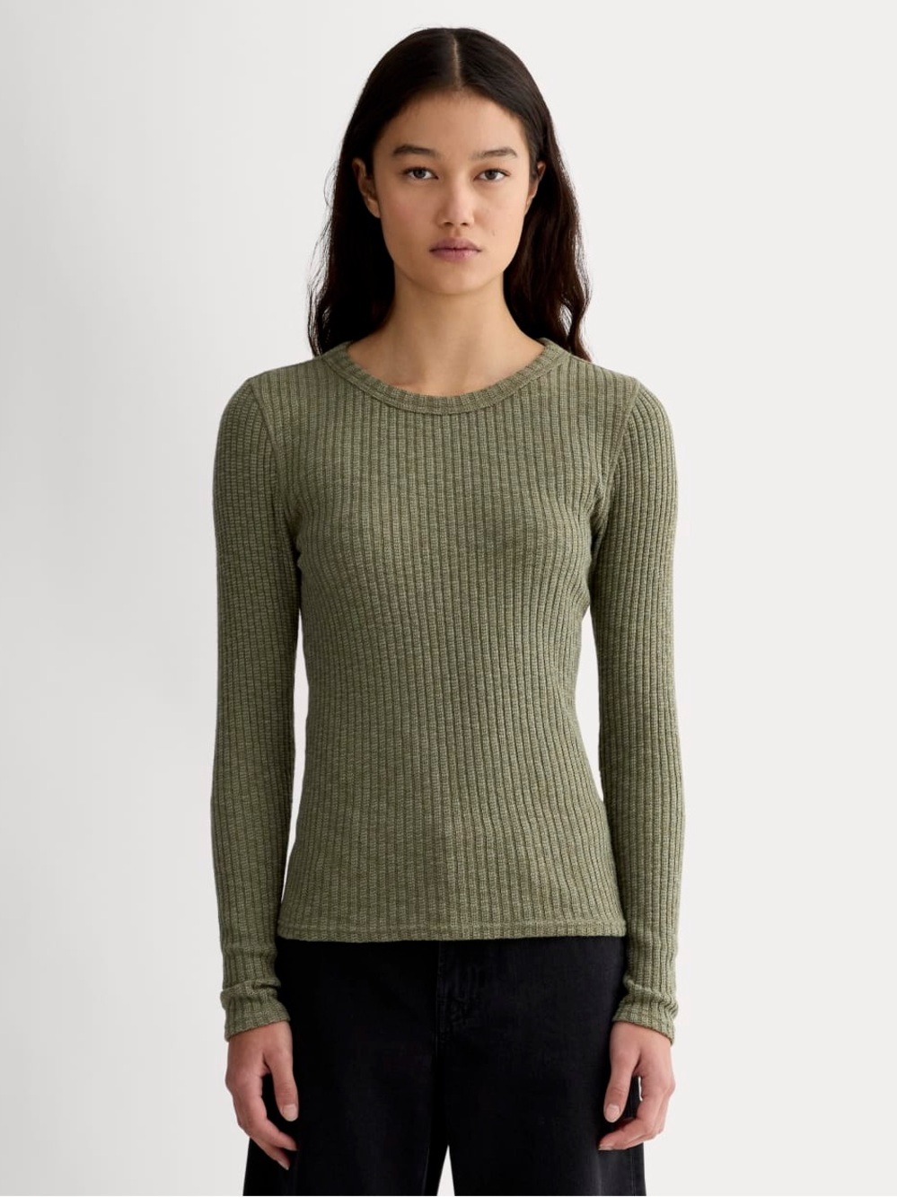 Everlane The Cozy Rib Long Sleeve Tee Ribbed Knit Crewneck Kalamata Green XS NWT
